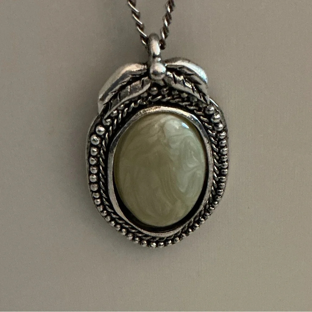 Pale Green Oval Acrylic Antique Silver Tone Pendant Necklace